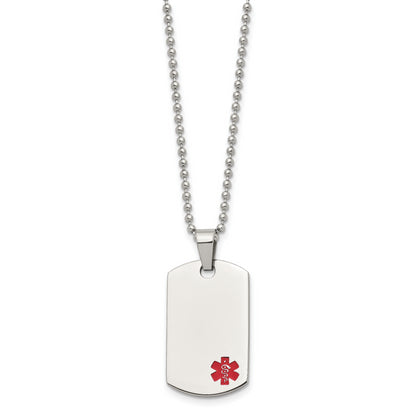 Stainless Steel Chisel Polished With Red Enamel Medical Id Dog Tag On A 24 Inch Ball Chain Necklace