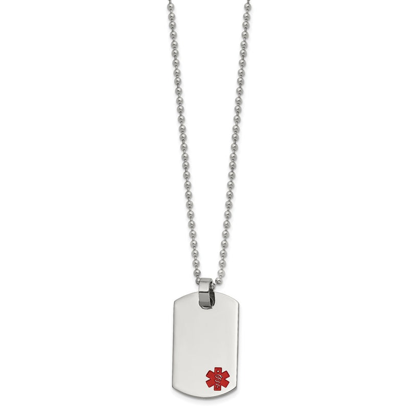 Stainless Steel Chisel Polished With Red Enamel Medical Id Dog Tag On A 24 Inch Ball Chain Necklace