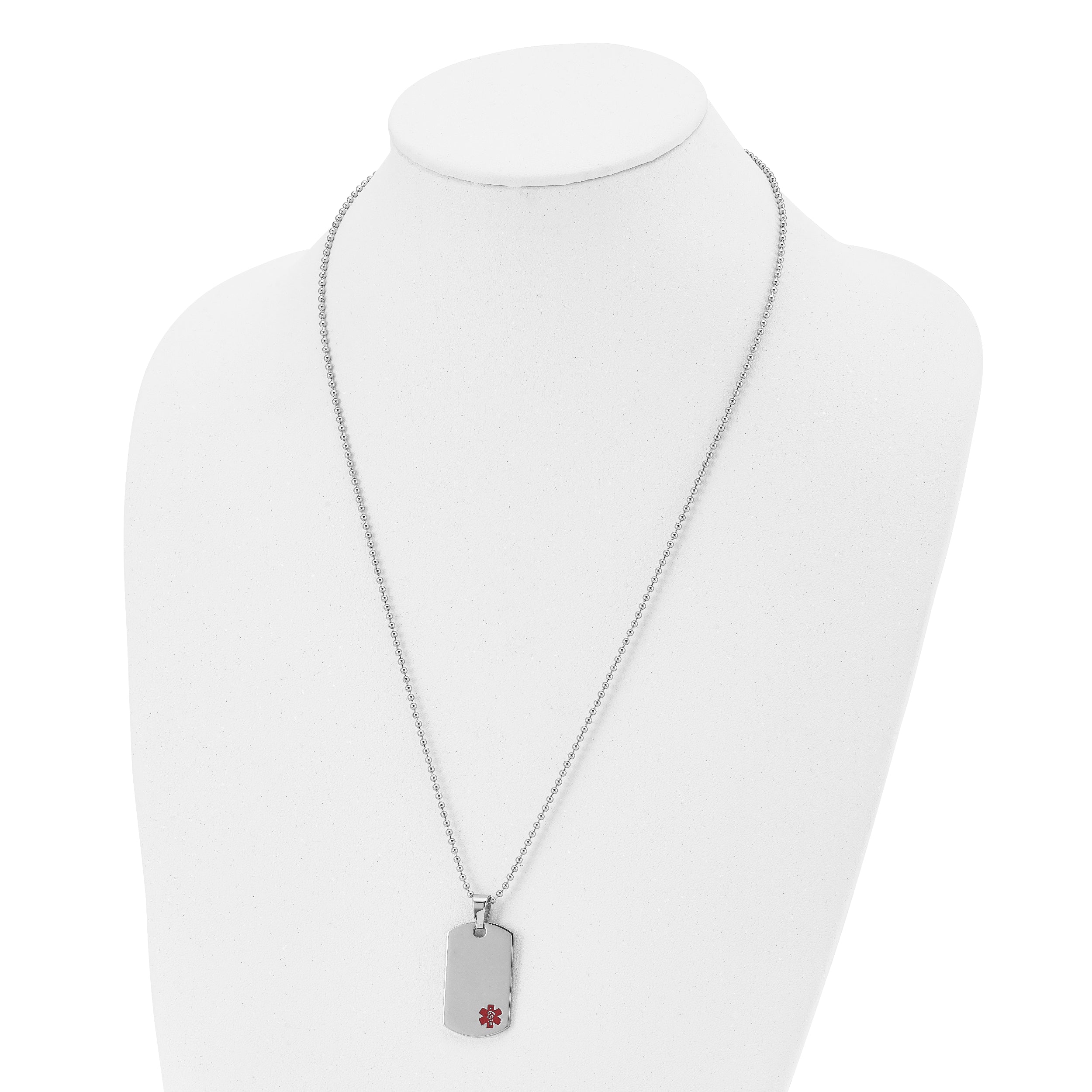 Stainless Steel Chisel Polished With Red Enamel Medical Id Dog Tag On A 24 Inch Ball Chain Necklace