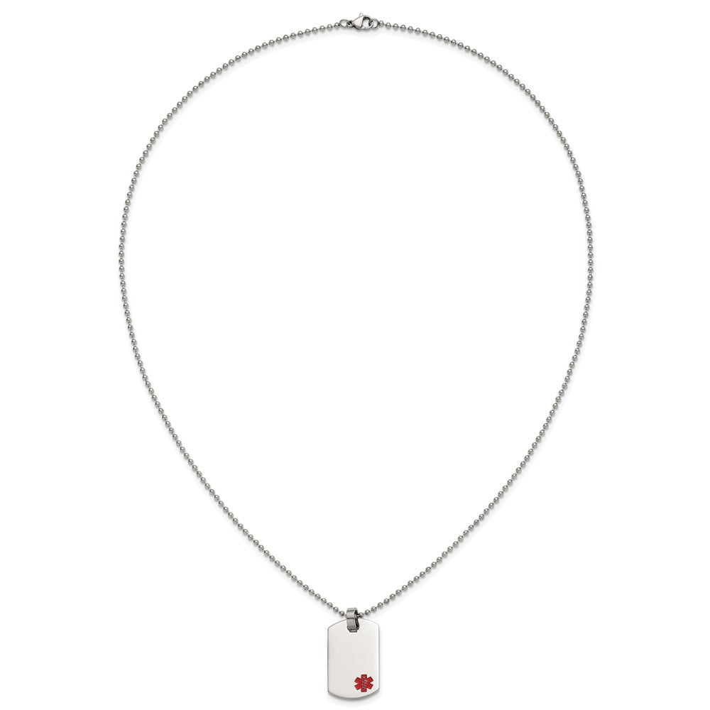 Stainless Steel Chisel Polished With Red Enamel Medical Id Dog Tag On A 24 Inch Ball Chain Necklace