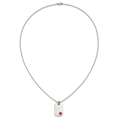 Stainless Steel Chisel Polished With Red Enamel Medical Id Dog Tag On A 24 Inch Ball Chain Necklace