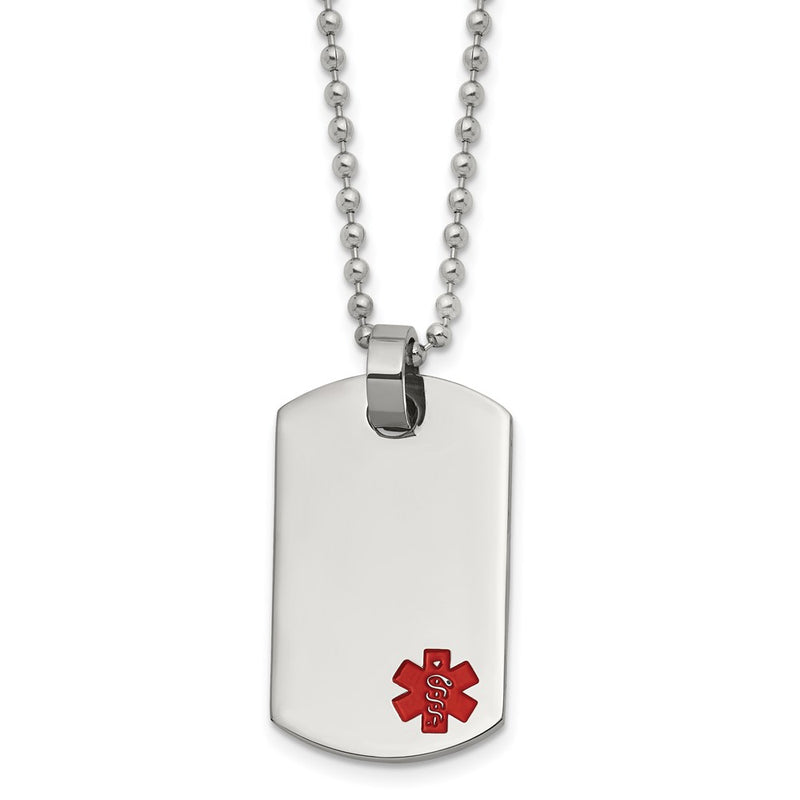 Stainless Steel Chisel Polished With Red Enamel Medical Id Dog Tag On A 24 Inch Ball Chain Necklace