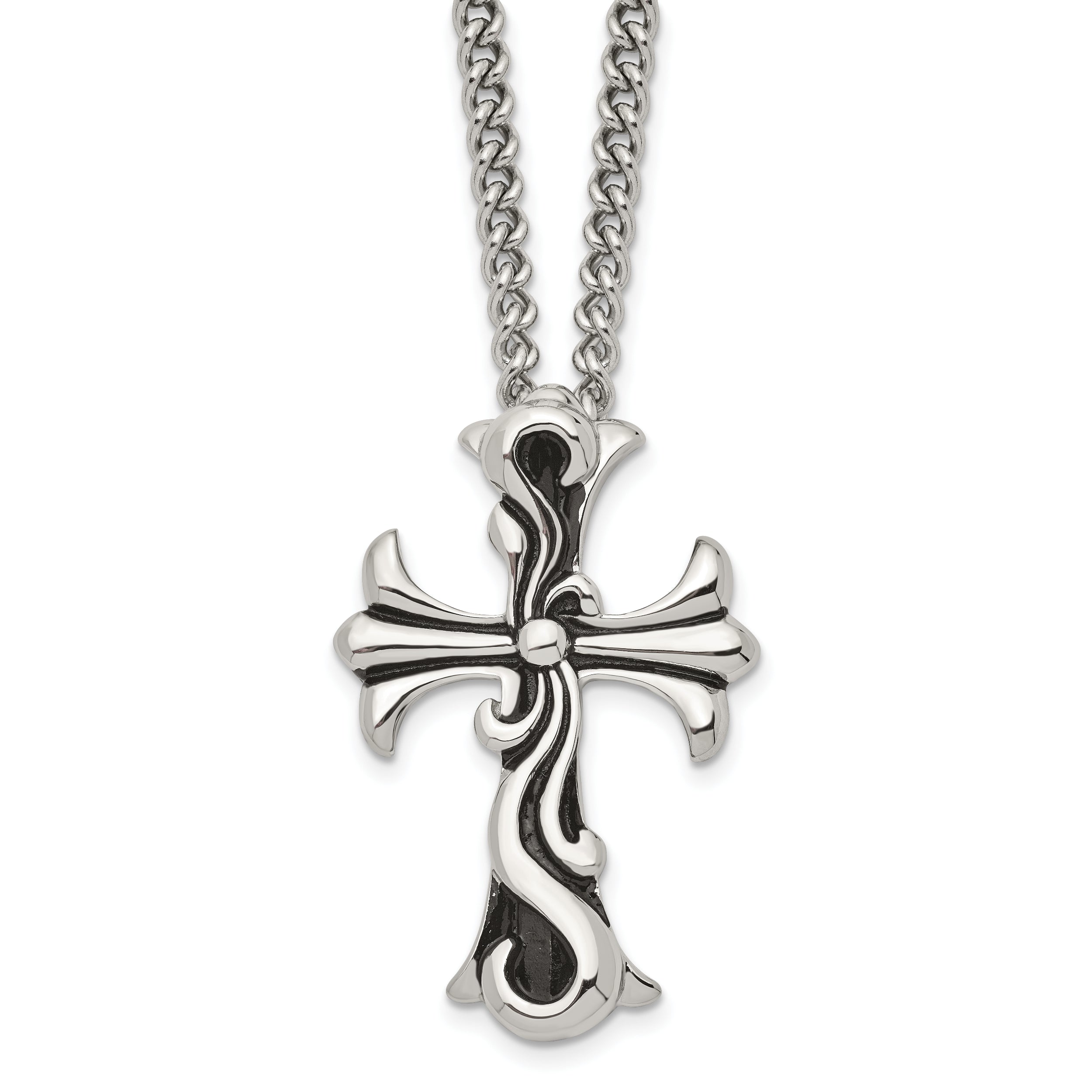 Stainless Steel Chisel Antiqued Polished And Textured Scroll Cross Pendant On A 22 Inch Curb Chain Necklace