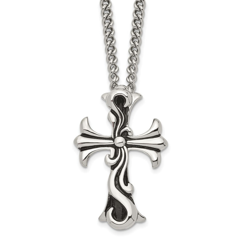 Stainless Steel Chisel Antiqued Polished And Textured Scroll Cross Pendant On A 22 Inch Curb Chain Necklace