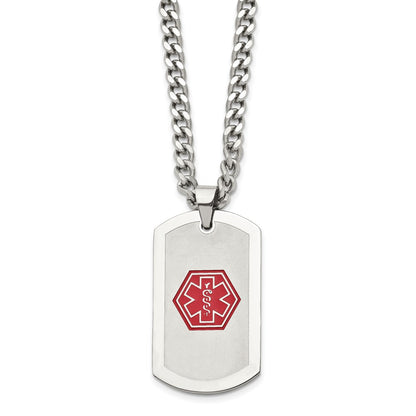 Stainless Steel Chisel Brushed And Polished With Red Enamel Medical Id Dog Tag On A 30 Inch Curb Chain Necklace