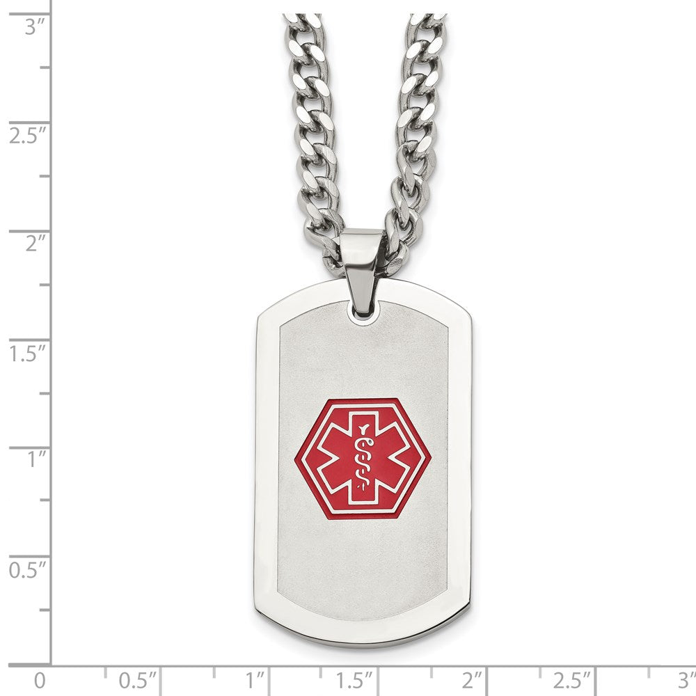 Stainless Steel Chisel Brushed And Polished With Red Enamel Medical Id Dog Tag On A 30 Inch Curb Chain Necklace