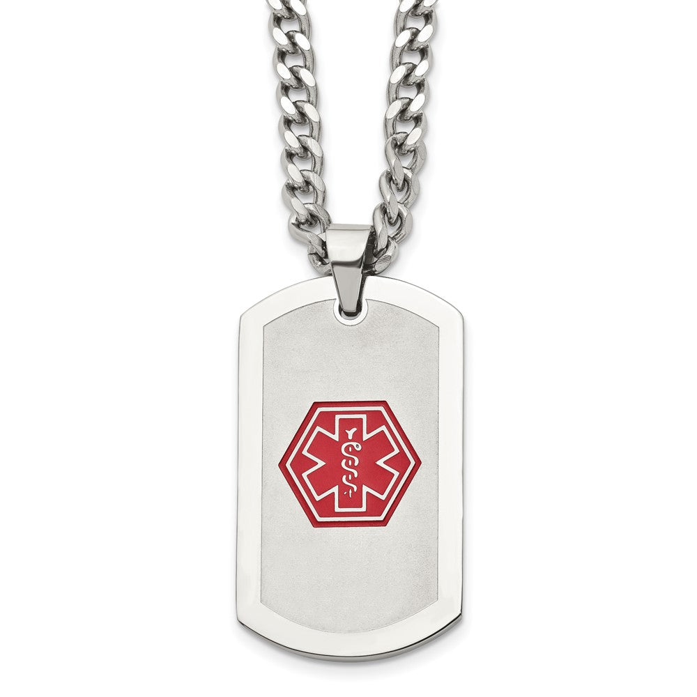 Stainless Steel Chisel Brushed And Polished With Red Enamel Medical Id Dog Tag On A 30 Inch Curb Chain Necklace