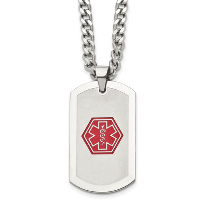 Stainless Steel Chisel Brushed And Polished With Red Enamel Medical Id Dog Tag On A 30 Inch Curb Chain Necklace