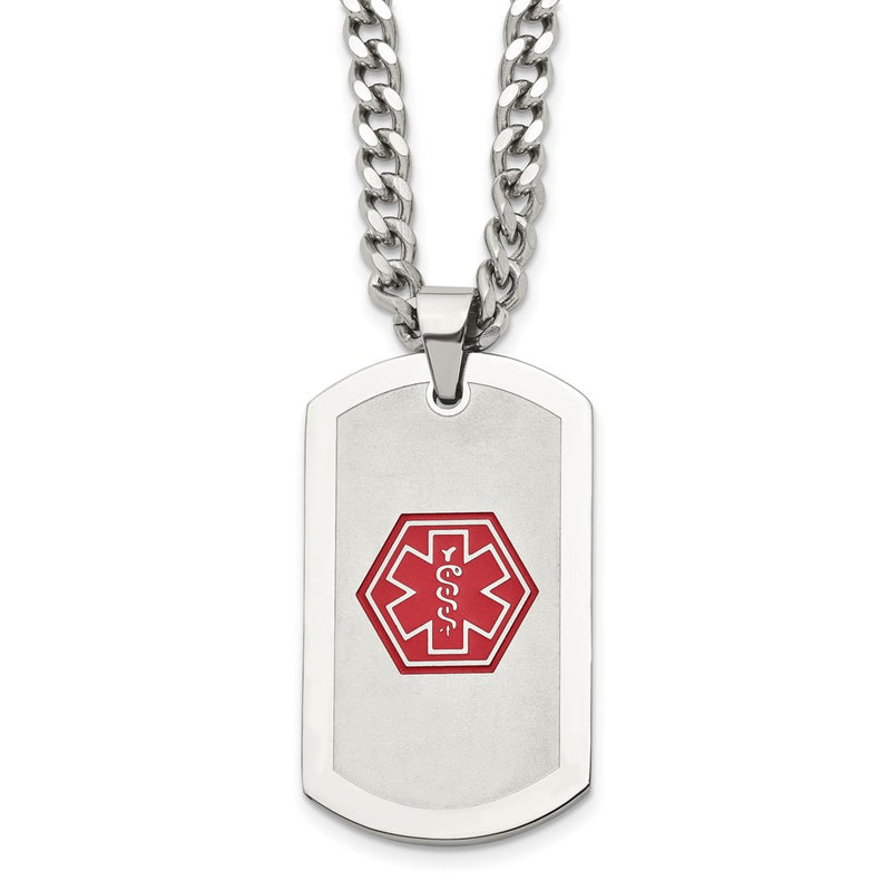 Stainless Steel Chisel Brushed And Polished With Red Enamel Medical Id Dog Tag On A 30 Inch Curb Chain Necklace
