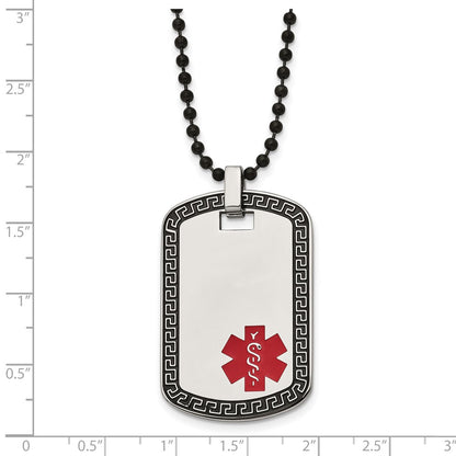 Stainless Steel Chisel Antiqued And Polished Greek Key Edge With Red Enamel Medical Id Dog Tag On A 30 Inch Black Ip-Plated Ball Chain Necklace