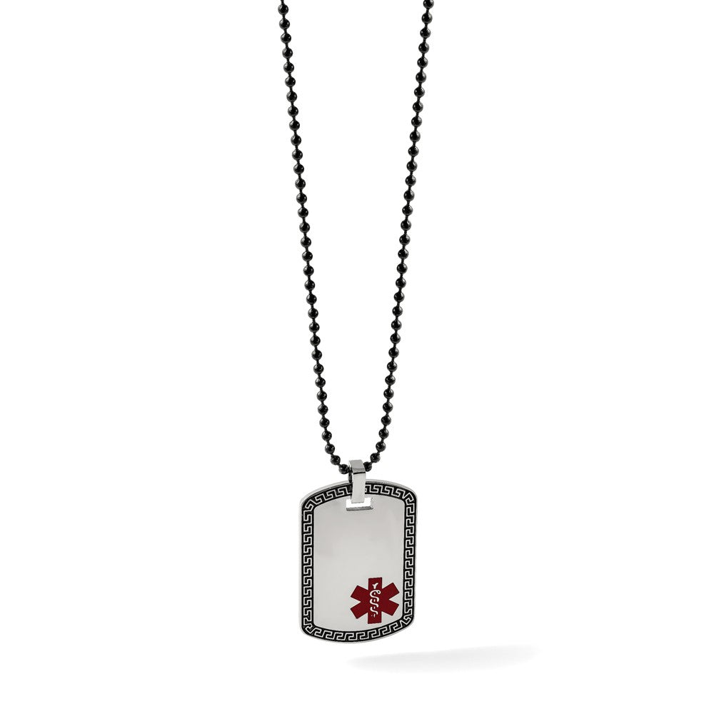 Stainless Steel Chisel Antiqued And Polished Greek Key Edge With Red Enamel Medical Id Dog Tag On A 30 Inch Black Ip-Plated Ball Chain Necklace