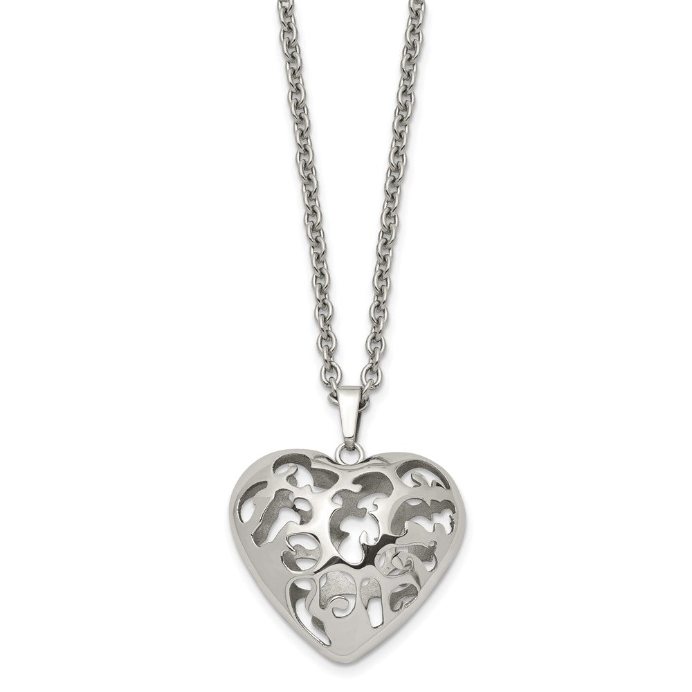 Stainless Steel Polished Filigree Puffed Heart 20In Necklace