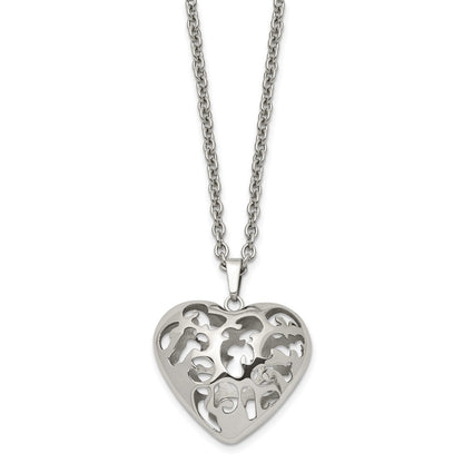Stainless Steel Polished Filigree Puffed Heart 20In Necklace
