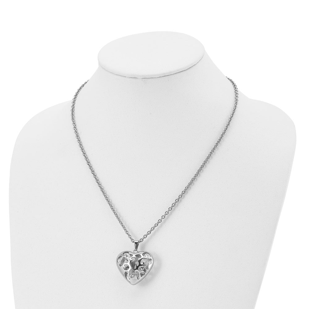 Stainless Steel Polished Filigree Puffed Heart 20In Necklace