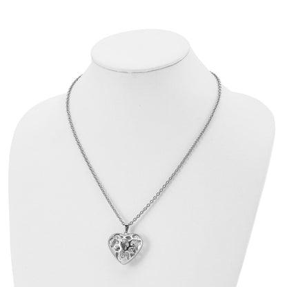 Stainless Steel Polished Filigree Puffed Heart 20In Necklace