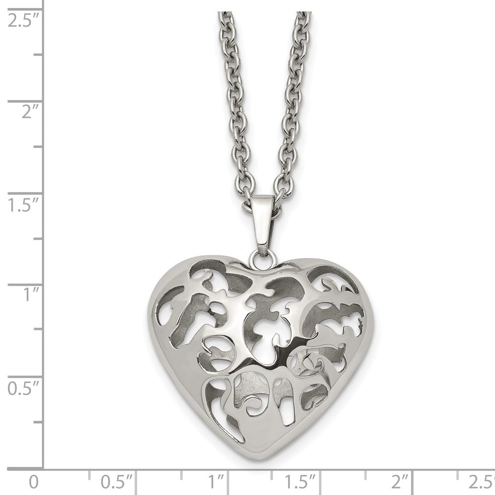 Stainless Steel Polished Filigree Puffed Heart 20In Necklace