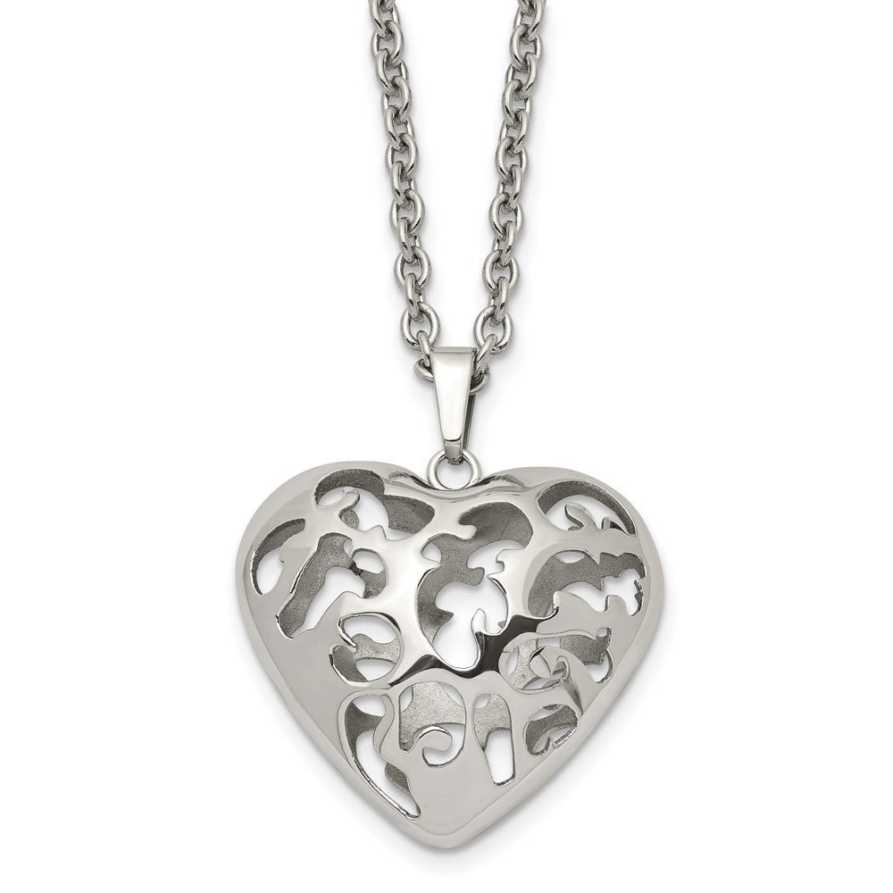 Stainless Steel Polished Filigree Puffed Heart 20In Necklace