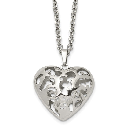 Stainless Steel Polished Filigree Puffed Heart 20In Necklace