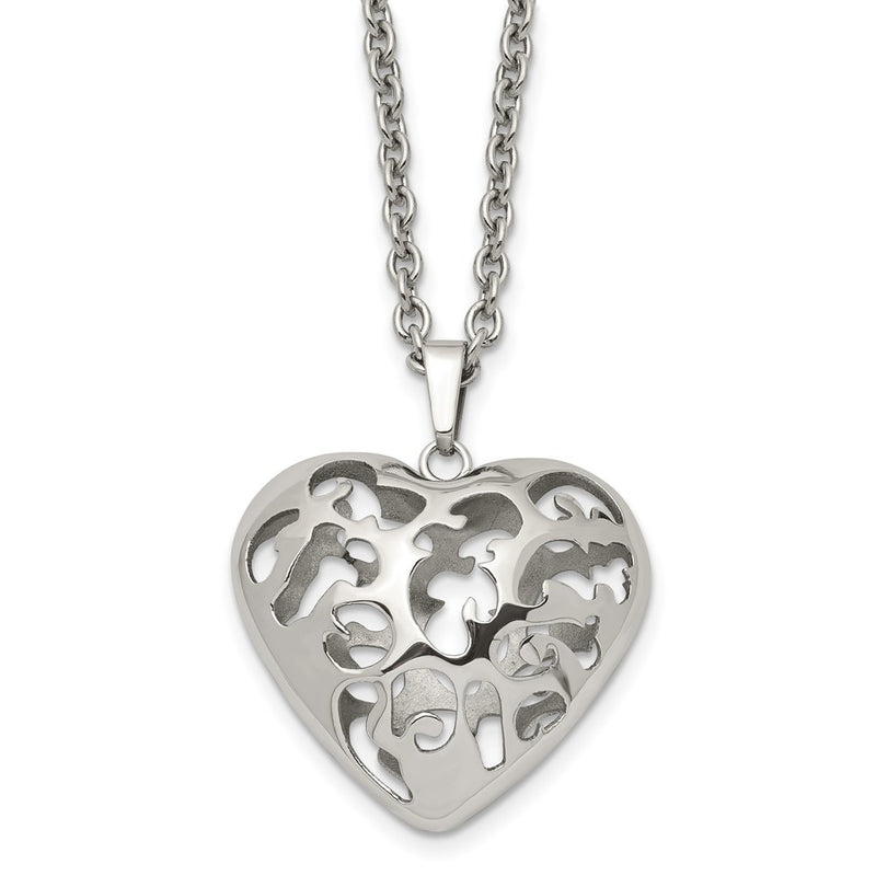 Stainless Steel Polished Filigree Puffed Heart 20In Necklace