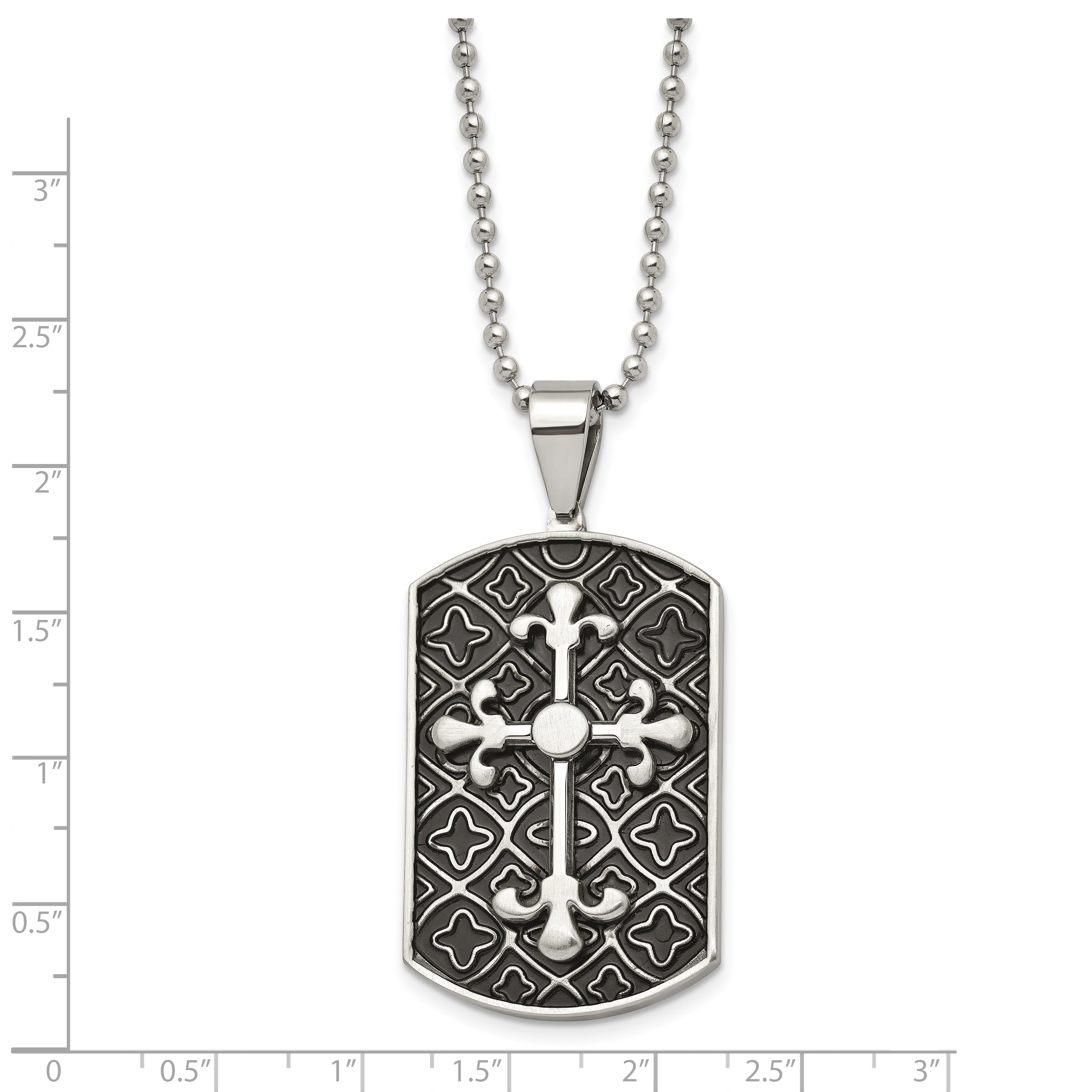 Stainless Steel Polished W/Black Enamel Cross Dog Tag 22In Necklace