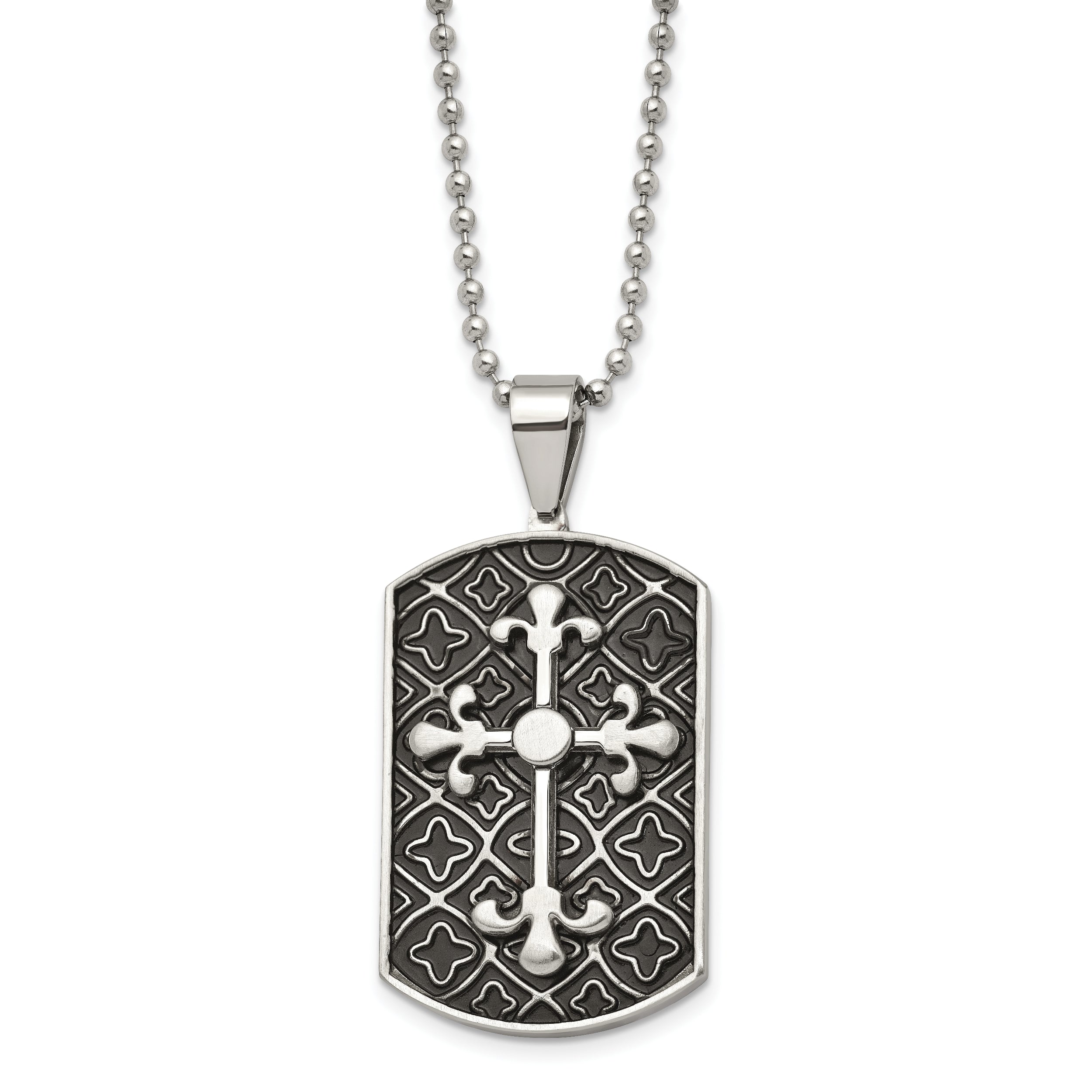 Stainless Steel Polished W/Black Enamel Cross Dog Tag 22In Necklace