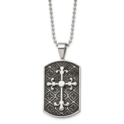 Stainless Steel Polished W/Black Enamel Cross Dog Tag 22In Necklace