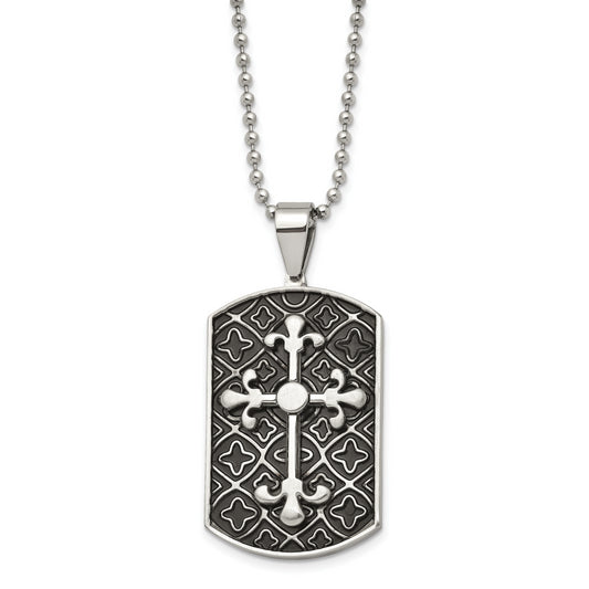 Stainless Steel Polished W/Black Enamel Cross Dog Tag 22In Necklace