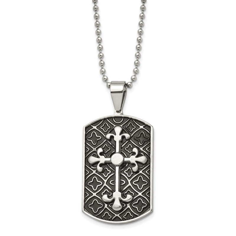 Stainless Steel Polished W/Black Enamel Cross Dog Tag 22In Necklace