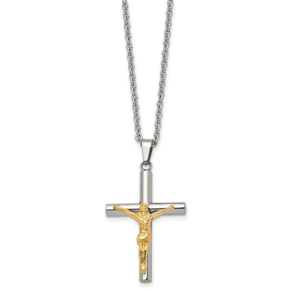 Stainless Steel Chisel Polished Yellow Ip-Plated Crucifix Pendant On A 20 Inch Cable Chain Necklace
