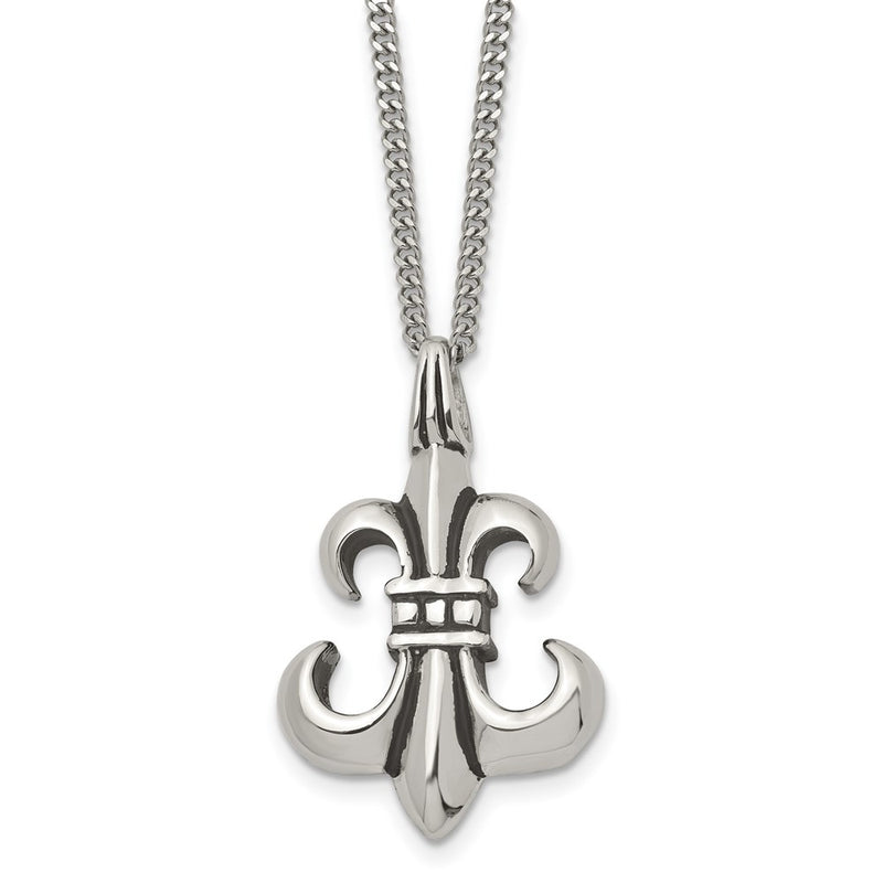 Stainless Steel Antiqued And Polished Fleur De Lis 18In Necklace
