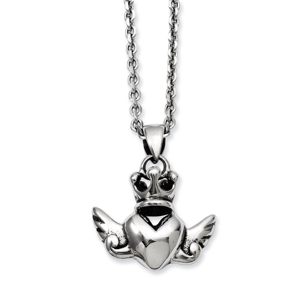 Stainless Steel Heart With Crown & Wings 20In W/Ext Necklace