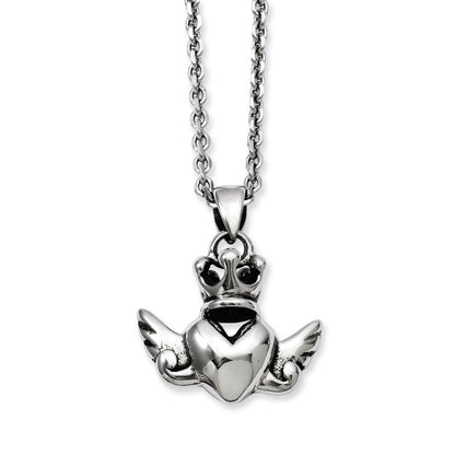 Stainless Steel Heart With Crown & Wings 20In W/Ext Necklace