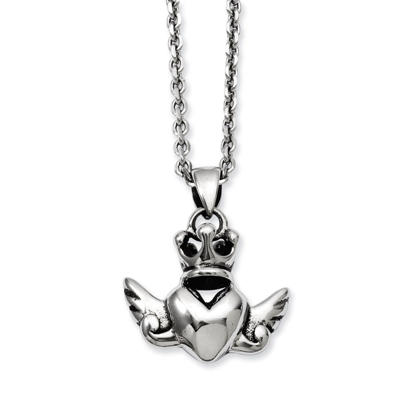 Stainless Steel Heart With Crown & Wings 20In W/Ext Necklace