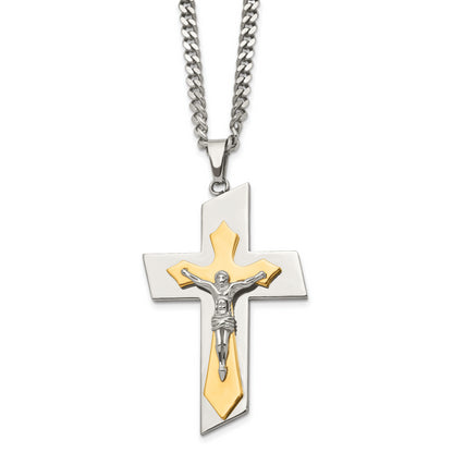 Stainless Steel Chisel Brushed And Polished Yellow Ip-Plated Crucifix On A 24 Inch Curb Chain Necklace