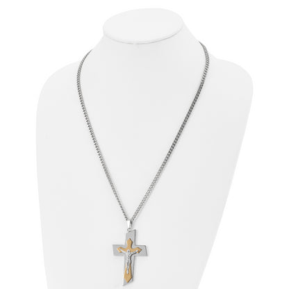Stainless Steel Chisel Brushed And Polished Yellow Ip-Plated Crucifix On A 24 Inch Curb Chain Necklace