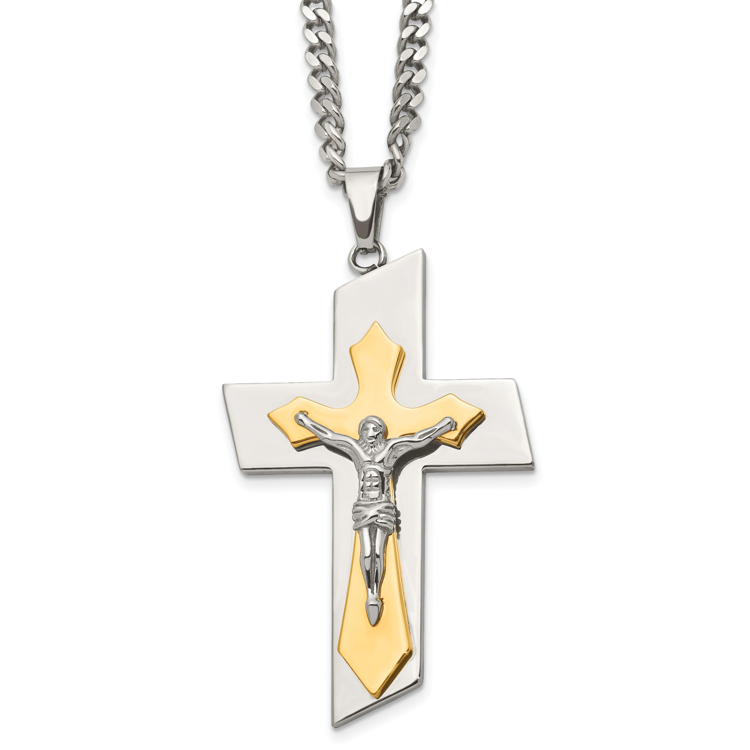 Stainless Steel Chisel Brushed And Polished Yellow Ip-Plated Crucifix On A 24 Inch Curb Chain Necklace