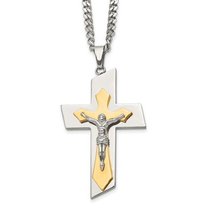 Stainless Steel Chisel Brushed And Polished Yellow Ip-Plated Crucifix On A 24 Inch Curb Chain Necklace