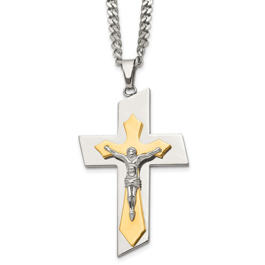 Stainless Steel Chisel Brushed And Polished Yellow Ip-Plated Crucifix On A 24 Inch Curb Chain Necklace