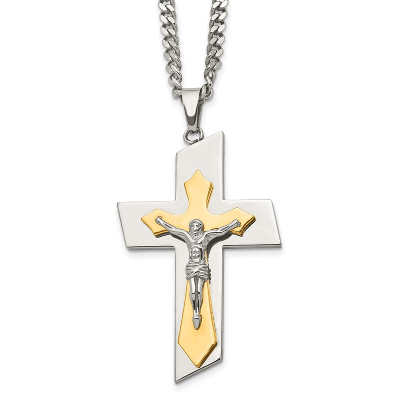 Stainless Steel Chisel Brushed And Polished Yellow Ip-Plated Crucifix On A 24 Inch Curb Chain Necklace
