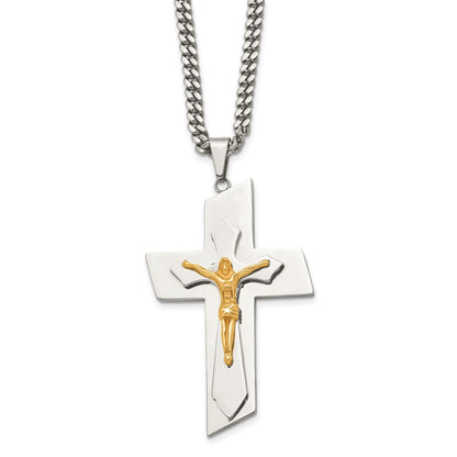 Stainless Steel Polished Yellow Ip-Plated Crucifix 24 Inch Necklace