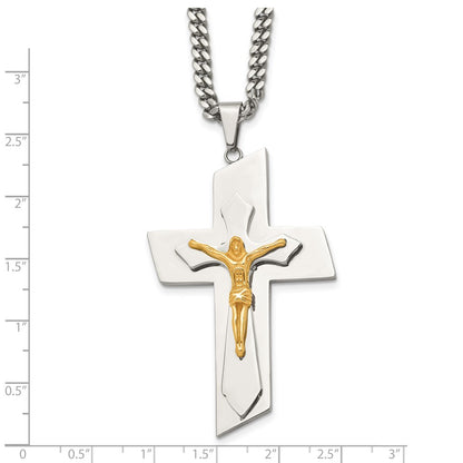 Stainless Steel Polished Yellow Ip-Plated Crucifix 24 Inch Necklace