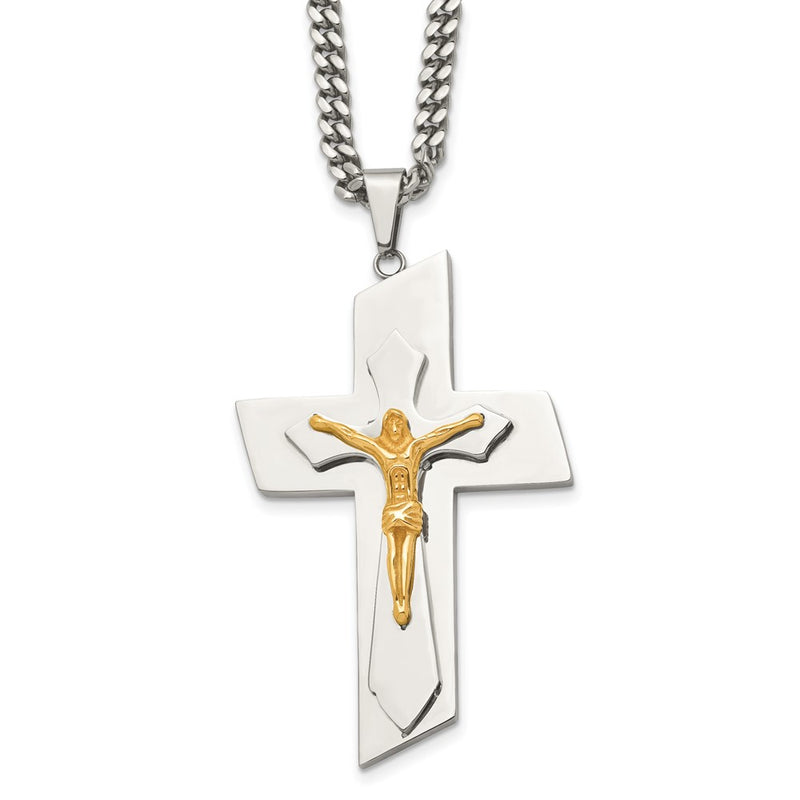 Stainless Steel Polished Yellow Ip-Plated Crucifix 24 Inch Necklace