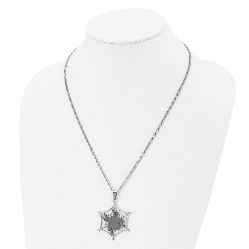 Stainless Steel Polished Black Ip-Plated Spider On Web 22In Necklace