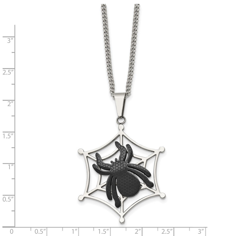 Stainless Steel Polished Black Ip-Plated Spider On Web 22In Necklace