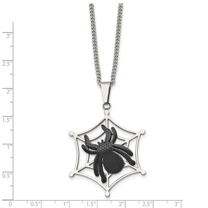 Stainless Steel Polished Black Ip-Plated Spider On Web 22In Necklace