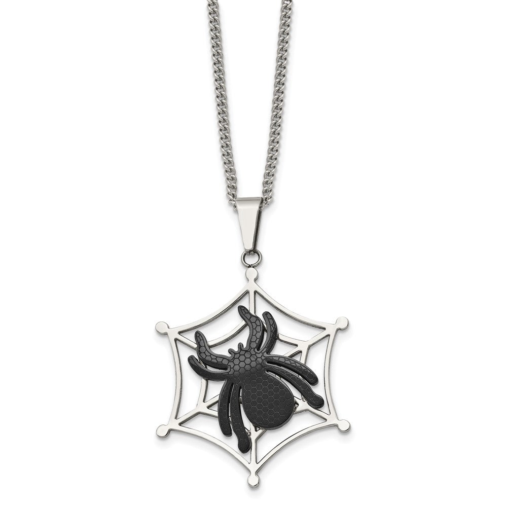 Stainless Steel Polished Black Ip-Plated Spider On Web 22In Necklace