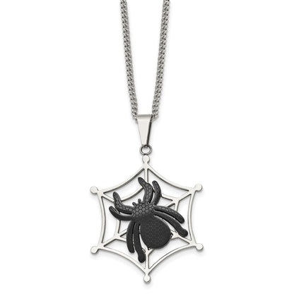 Stainless Steel Polished Black Ip-Plated Spider On Web 22In Necklace