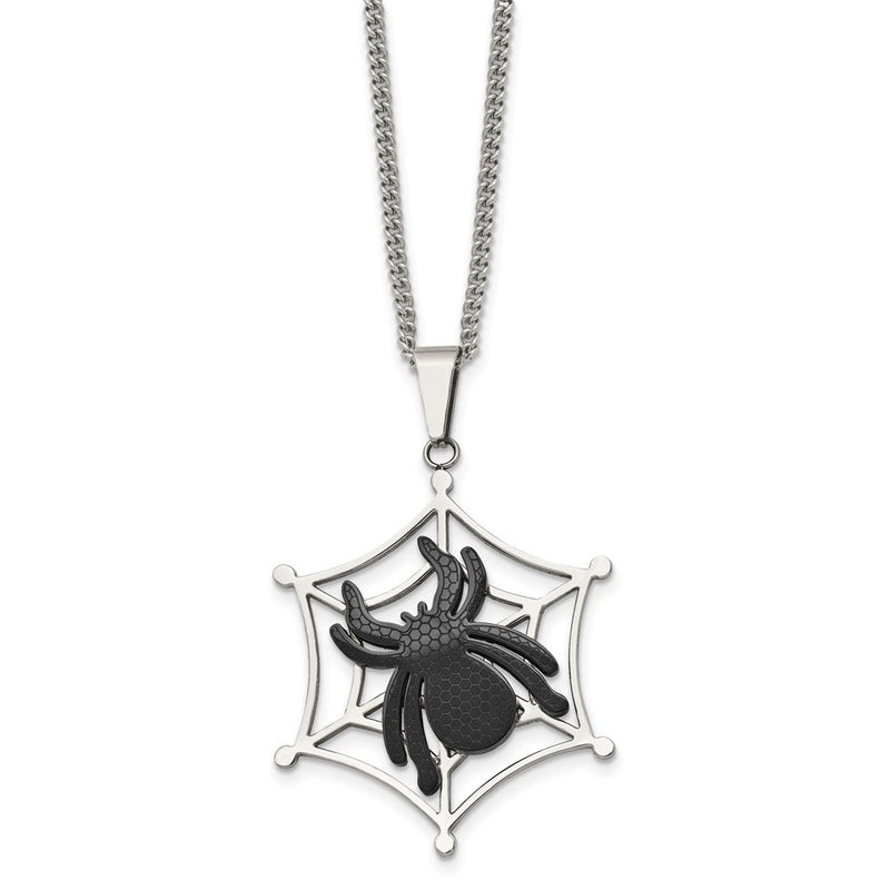 Stainless Steel Polished Black Ip-Plated Spider On Web 22In Necklace