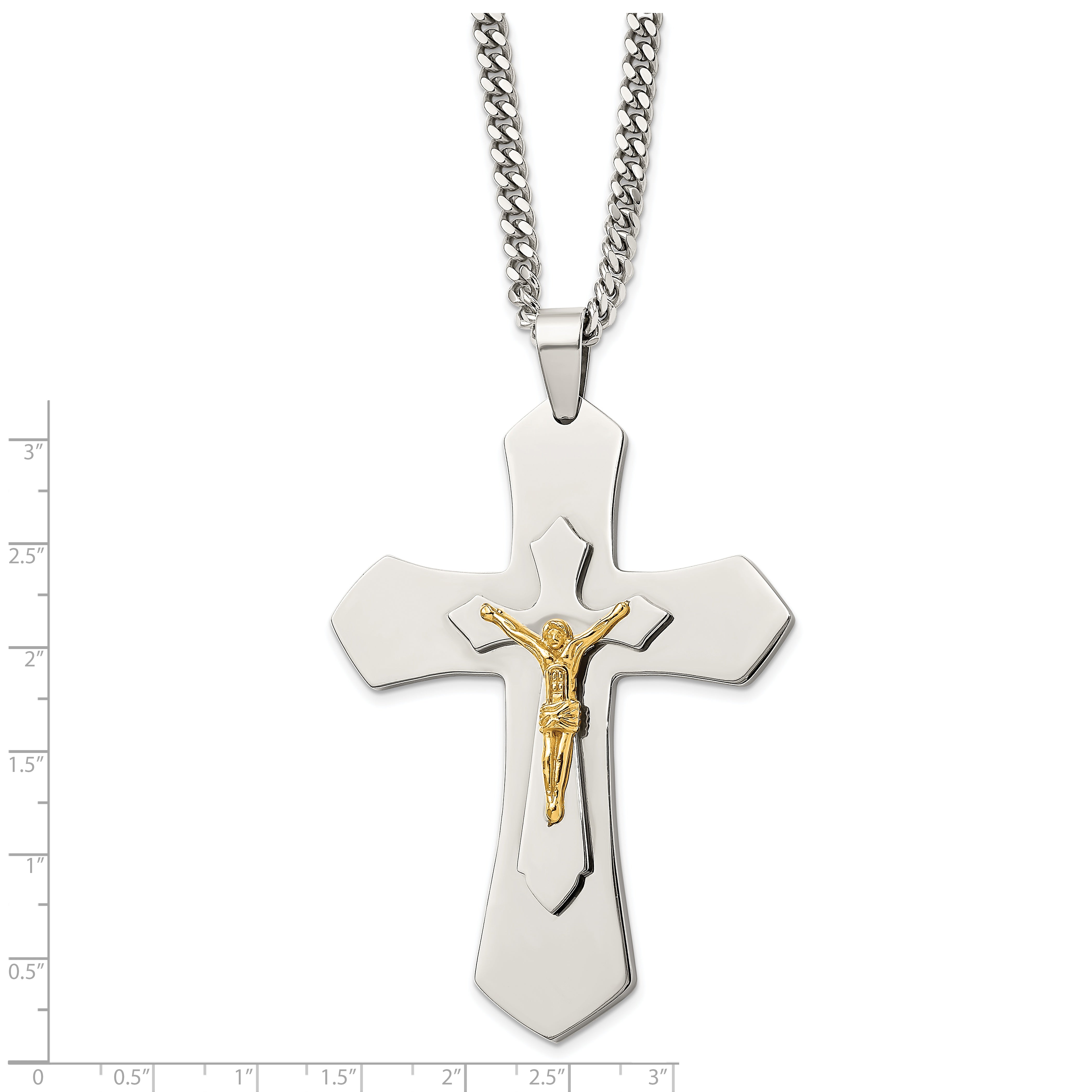 Stainless Steel Chisel Polished Yellow Ip-Plated Large Crucifix Pendant On A 24 Inch Curb Chain Necklace