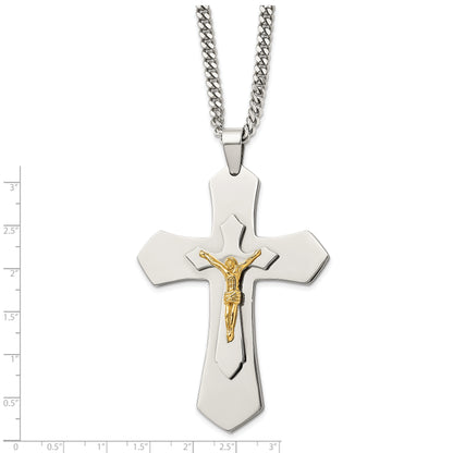 Stainless Steel Chisel Polished Yellow Ip-Plated Large Crucifix Pendant On A 24 Inch Curb Chain Necklace